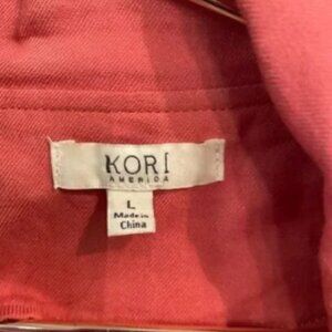 Kori America L deep peach Moto zip front blazer w/tie waist and side pockets